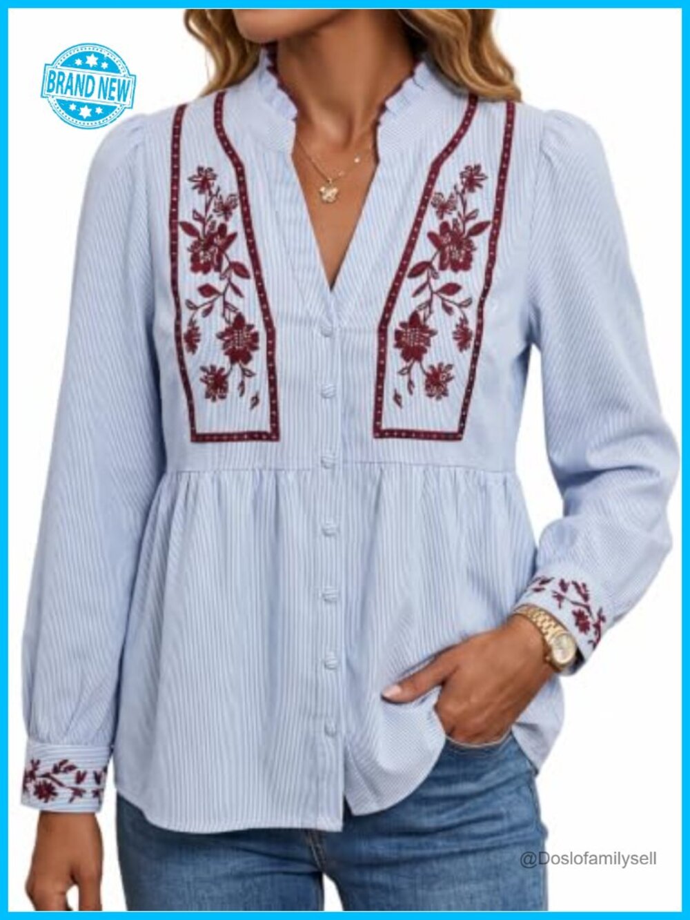 Women's 100% Cotton Floral Embroidered Striped Button Down Blouse